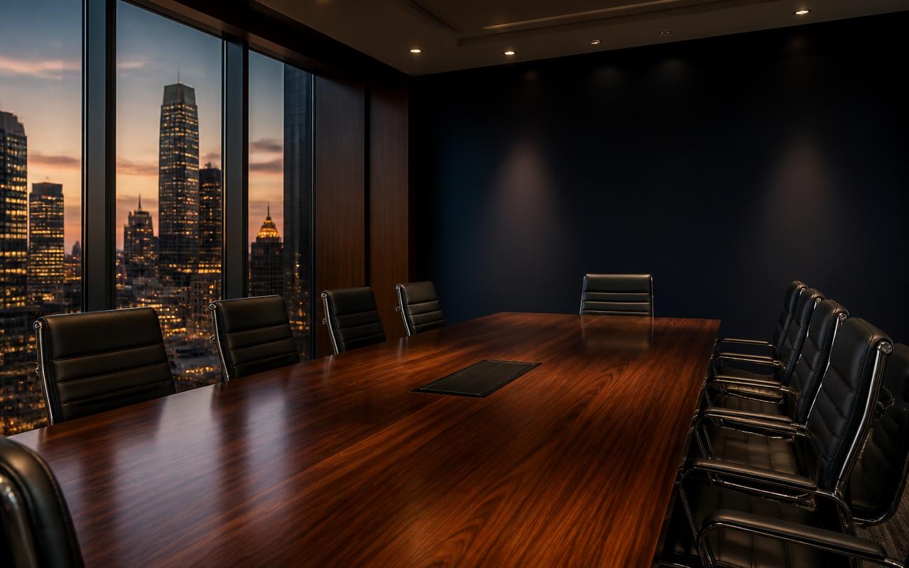 Empty law firm conference room at dusk overlooking a city skyline